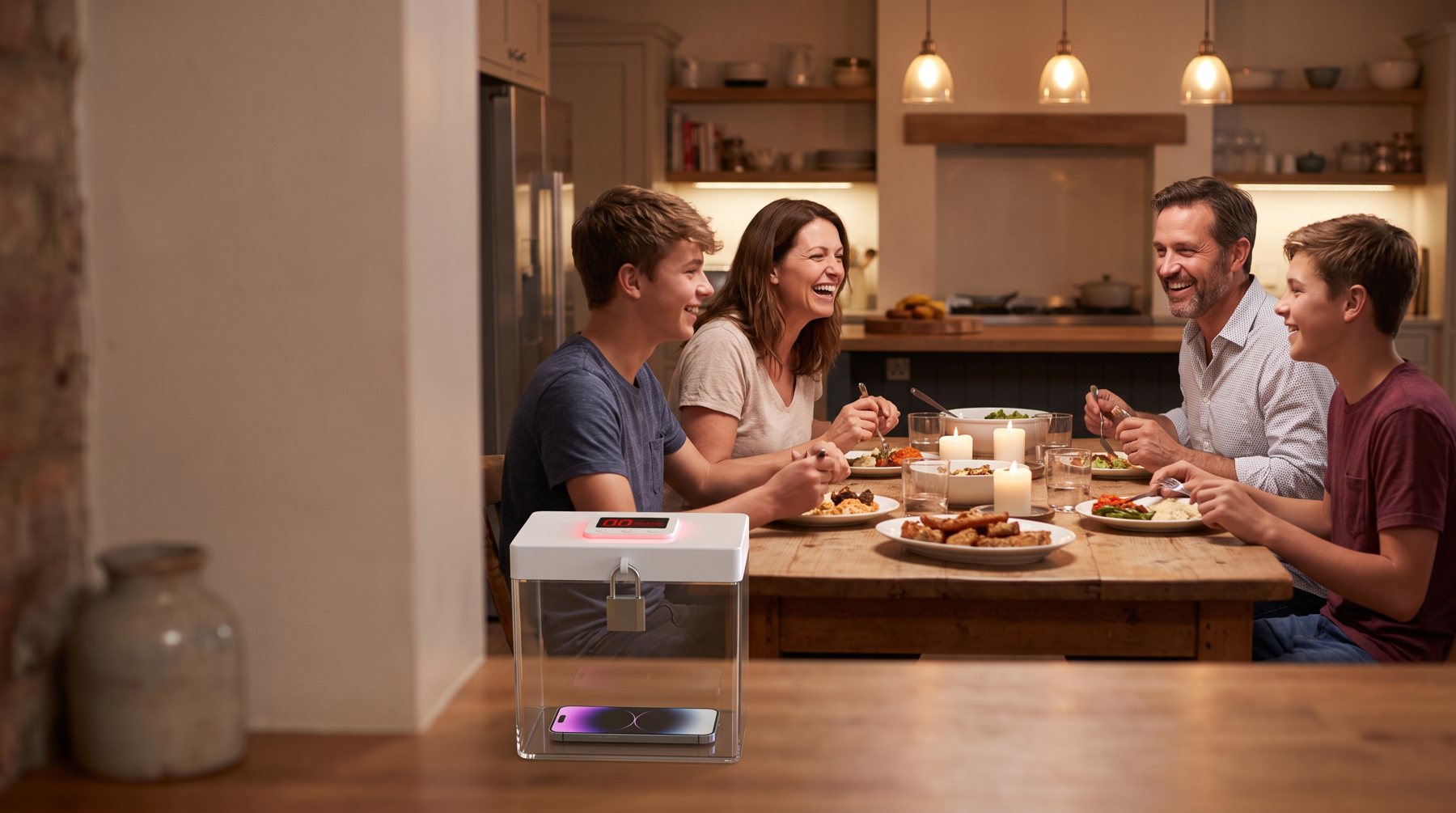 Family at dinner with phones locked in the UnplugBox