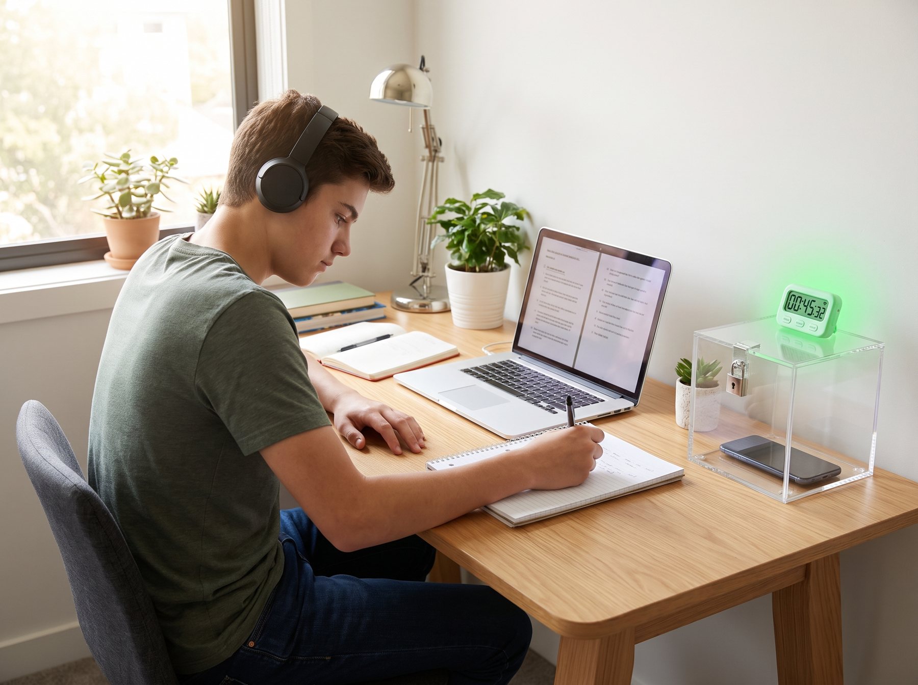 Teen doing homework with phone locked in the UnplugBox